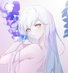  breasts chinese_commentary commentary female highres long_hair looking_at_viewer looking_to_the_side medium_breasts nana895 nude open_mouth original portrait purple_background red_eyes sideboob simple_background solo teeth white_hair 