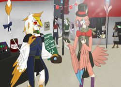  ambiguous_gender anthro apron avian bodypaint closed_eyes clothing english_text group hair hand_holding hat headgear headwear holding_object looking_at_another male necktie nevrean paint pink_body ponytail sergal shizameakanzatsu smile text top_hat vilous wanted_poster 