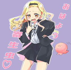  bangs_pinned_back blonde_hair blush female hairband highres jacket kirarazaka_marina long_hair long_sleeves miniskirt neck_ribbon octopus open_clothes open_jacket open_mouth ribbon school_uniform skirt takopii takopii_no_genzai umeda_saya yellow_eyes 