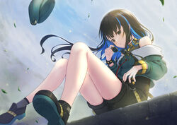  bare_shoulders beret black_footwear black_hair black_shorts blue_hair blue_sky bracelet breasts buttons colored_inner_hair double-breasted eyeliner fate/grand_order fate_(series) female green_hat green_jacket grey_eyes hat highres jacket jewelry long_hair long_sleeves looking_at_viewer makeup multicolored_hair neck_ring o-ring off_shoulder okina_(805197) round_eyewear shoes shorts sidelocks sitting sky small_breasts sneakers solo sunglasses tenochtitlan_(fate) tenochtitlan_(second_ascension)_(fate) unworn_eyewear wavy_hair zipper 