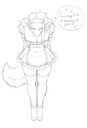  absurd_res anthro aurum_(kiit0s) breasts canid canine cleavage clothed clothing digitigrade female hi_res kiit0s maid_uniform mammal monochrome solo uniform 