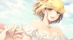  :d bare_shoulders blonde_hair blue_sky blurry blurry_background blush breasts brown_hair cleavage cloud cloudy_sky female field flower flower_field frilled_shirt frills green_eyes highres holding_hands kimi_ga_shine looking_at_viewer maple_(kimi_ga_shine) off-shoulder_shirt off_shoulder open_mouth portrait shirt short_hair short_sleeves sky smile solo_focus syrup teeth uououoon upper_teeth_only white_shirt 