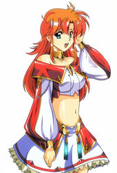  :d blue_eyes chris_(langrisser) collarbone crop_top female hair_between_eyes hand_in_own_hair hikaru_(mikan0407) langrisser long_hair long_sleeves looking_at_viewer midriff miniskirt navel off_shoulder orange_hair simple_background skirt smile solo sparkle standing stomach urushihara_satoshi_(style) white_background white_skirt 