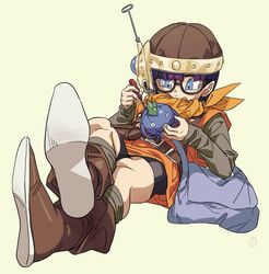  bad_id bad_twitter_id bag belt bike_shorts blue_eyes boots character_doll chrono_trigger crossed_legs female glasses helmet highres hosodayo lucca_ashtear nu_(chrono_trigger) purple_hair reclining scarf screwdriver short_hair simple_background socks solo 