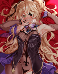  armpits bare_shoulders black_gloves black_nails black_pantyhose blonde_hair blush bodystocking bow bowtie breasts cle_masahiro commentary elbow_gloves eyepatch female fischl_(genshin_impact) garter_straps genshin_impact gloves green_eyes hair_over_one_eye highres long_hair looking_at_viewer medium_breasts oerba_yun_fang open_mouth pantyhose purple_bow purple_bowtie single_leg_pantyhose skin_fang solo thighs two_side_up 