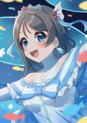  absurdres birthday blue_eyes blush breasts collarbone commentary earrings female fish grey_hair hair_ornament highres jewelry koi_ni_naritai_aquarium kyaku_tasu looking_at_viewer love_live! love_live!_sunshine!! medium_breasts short_hair sidelocks signature solo sparkle swept_bangs tiara watanabe_you 