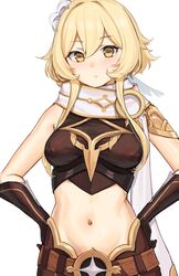  absurdres aether_(genshin_impact) aether_(genshin_impact)_(cosplay) belt blonde_hair breasts brown_belt cosplay covered_nipples crossdressing elbow_gloves female flower genshin_impact gloves hair_between_eyes hair_flower hair_ornament hands_on_own_hips highres kuro_(zhurunbo1997) lumine_(genshin_impact) medium_breasts midriff navel parted_lips scarf short_hair_with_long_locks sleeveless solo white_flower white_scarf yellow_eyes 