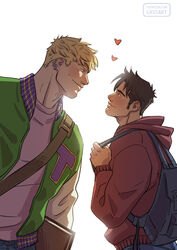  2boys animification artist_name backpack bag black_hair blonde_hair book closed_mouth couple cris_art earrings eye_contact from_side green_jacket heart holding holding_book hood hood_down hoodie hulkling jacket jewelry long_sideburns looking_at_another male_focus marvel multiple_boys open_clothes open_jacket pants patreon_username red_hoodie shirt short_hair sideburns smile thick_eyebrows white_background white_shirt wiccan yaoi 