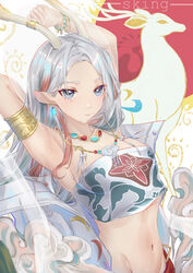  a_deer_of_nine_colors animal_ears antlers arknights armlet armpits arms_behind_head arms_up artist_name bracelet chinese_commentary closed_mouth commentary_request crop_top deer_antlers deer_ears deer_girl ear_piercing female grey_eyes grey_hair highres horns jacket jewelry long_hair looking_at_viewer multicolored_hair navel necklace nine-colored_deer partial_commentary piercing red_eyes sking smile solo stomach streaked_hair unworn_jacket upper_body white_jacket 