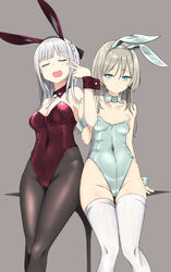  2girls ak-12_(girls&#039;_frontline) an-94_(girls&#039;_frontline) animal_ears bare_shoulders blue_eyes blue_leotard breasts cleavage closed_eyes collarbone commentary_request covered_navel detached_collar expressionless fake_animal_ears feet_out_of_frame girls&#039;_frontline grey_background grey_hair highleg highleg_leotard highres holding_another&#039;s_arm large_breasts leaning_on_table leotard looking_at_viewer multiple_girls open_mouth pantyhose playboy_bunny rabbit_ears red_leotard simple_background smile strapless strapless_leotard table thighhighs v white_thighhighs wrist_cuffs zafuri_(yzrnegy) 