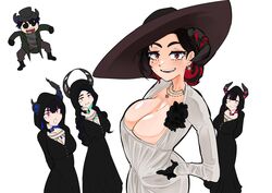  1boy 3girls absurdres alcina_dimitrescu alcina_dimitrescu_(cosplay) aqua_hair aradia_ravencroft asymmetrical_horns bela_dimitrescu bela_dimitrescu_(cosplay) black_hair breasts brother_and_sister cassandra_dimitrescu cassandra_dimitrescu_(cosplay) cleavage colored_inner_hair commentary cosplay daniela_dimitrescu daniela_dimitrescu_(cosplay) demon_boy demon_horns double-parted_bangs dress english_commentary family gloves hat highres hololive hololive_english horns huge_breasts jewelry karl_heisenberg karl_heisenberg_(cosplay) koizumi_arata large_breasts long_hair looking_at_viewer malpha_ravencroft malphis_ravencroft_ii mamarissa mole mole_under_eye mother_and_daughter mother_and_son multicolored_hair multiple_girls necklace nerissa_ravencroft pink_eyes red_eyes resident_evil resident_evil_village siblings sisters smile sun_hat two-tone_hair uneven_horns virtual_youtuber wavy_hair 