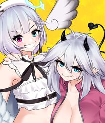  2girls amemiya_nazuna amemiya_nazuna_(1st_costume) angel angel_wings blue_eyes breasts broken_halo cleavage cleavage_cutout clothing_cutout commentary demon_horns demon_tail detached_wings english_commentary grin halo heterochromia highres horns large_breasts largemilk looking_at_viewer multiple_girls pink_eyes pointy_ears short_hair small_breasts smile tail vei_(vtuber) vei_(vtuber)_(1st_costume) virtual_youtuber vshojo white_hair white_headwear wings yellow_background 