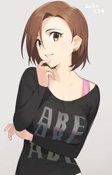  absurdres black_shirt breasts brown_hair cowboy_shot dated earrings female green_eyes grey_background hand_on_own_chin highres idolmaster idolmaster_cinderella_girls idolmaster_cinderella_girls_starlight_stage jewelry long_sleeves looking_at_viewer medium_breasts mizuki_seira onao shirt short_hair simple_background solo 