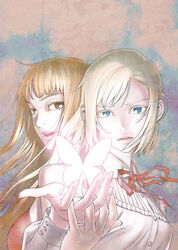  2girls ayamura_kirihito blonde_hair blue_eyes brown_eyes brown_hair bug butterfly colored_eyelashes glowing_butterfly kate_ashley lise_harriette_meyer long_hair medium_hair multiple_girls open_mouth parted_lips red_garden red_ribbon ribbon shirt simple_background upper_body white_shirt 