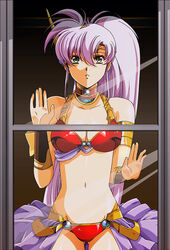  against_glass armlet armor bikini bikini_armor breasts circlet cleavage collarbone commentary_request cowboy_shot female from_outside green_eyes hair_between_eyes hikaru_(mikan0407) legend_of_lemnear lemnear long_hair looking_at_viewer medium_breasts navel parted_lips pink_hair ponytail red_bikini side_ponytail solo standing straight-on swimsuit urushihara_satoshi_(style) very_long_hair 