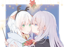  2girls absurdres ahoge amnesia_(majo_no_tabitabi) antlers bell black_coat blue_eyes blush box christmas_ornaments cloak coat commentary_request elaina_(majo_no_tabitabi) fake_antlers gift gift_box green_eyes grey_hair hair_between_eyes highres holding holding_gift holly hood hood_down hooded_cloak horns hug kissing kissing_cheek lionet0806 long_hair majo_no_tabitabi multiple_girls parted_lips reindeer_antlers short_hair star_(symbol) wand white_cloak white_hair yuri 