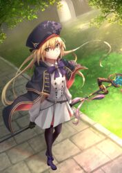  artoria_caster_(fate) artoria_caster_(second_ascension)_(fate) artoria_pendragon_(fate) belt black_bow black_gloves black_pantyhose blonde_hair blue_belt blue_cape blue_hat bow bowtie branch buttons cape closed_mouth commentary day dress fate/grand_order fate_(series) female floating_hair gloves grass green_eyes hair_between_eyes hairbow hat highres holding holding_staff holding_weapon kaze_minoru_so-ru leaf long_hair long_sleeves looking_at_viewer outdoors pantyhose purple_bow purple_bowtie purple_footwear shadow solo staff sunlight tree twintails weapon white_dress 