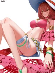  absurdres bb_aa bikini black_survival blush bracelet breasts choker cleavage eternal_return:_black_survival female hat highres jewelry large_breasts looking_at_viewer medium_hair navel official_alternate_costume open_mouth orange_eyes orange_hair pink_bikini pink_choker pink_footwear pink_nails sandals sarong simple_background sitting solo stomach sun_hat swimsuit tran_quynh_mai v-shaped_eyebrows white_background white_hat white_sarong 