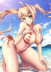  ass_visible_through_thighs beach bikini blonde_hair bracelet breasts cleavage collarbone criss-cross_halter earrings fate/grand_order fate_(series) female green_eyes hair_intakes halterneck hand_on_own_chest highres jewelry kneeling large_breasts lens_flare long_hair looking_at_viewer navel nero_claudius_(fate) nero_claudius_(swimsuit_caster)_(fate) ocean outdoors queasy_s seashell_bracelet side-tie_bikini_bottom sling_bikini_top smile solo striped swimsuit thick_thighs thighs twintails wet 