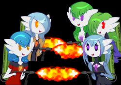  2021 ailin_gardevoir alyx_(cobra0281) bangs black_sclera blue_hair clothing coat divifilly empty_eyes female fire flamethrower fuel_tank gardevoir generation_3_pokemon green_hair group hair hair_over_eye hi_res highlights_(coloring) holding_object holding_weapon humanoid humor long_hair lucinda_(baterco) medium_hair nintendo not_furry one_eye_obstructed orange_eyes pokemon pokemon_(species) purple_eyes ranged_weapon red_eyes ruby_(ghostth39) shiny_pokemon short_hair smile topwear trenchcoat weapon 