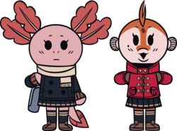  2018 alpha_channel amphibian amur_carp anthro axey_(wazzaldorp) axolotl bottomwear carp clothed clothing cyprinid cypriniform duo female fish footwear fully_clothed hi_res koi koi-chan legwear marine mole_salamander real_axolotl_hours salamander scarf simple_background skirt socks transparent_background typical_carp wazzaldorp 