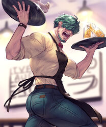  1boy apron aqua_hair ass bara belt black_apron brown_belt carless_(ppanic) commission covered_eyes facial_hair fire_emblem fire_emblem:_the_blazing_blade fire_emblem_cipher hair_over_eyes highres holding holding_tray large_pectorals lowen_(fire_emblem) male_focus muscular muscular_male open_mouth pants pectorals shirt short_hair solo tray waiter watch white_shirt wristwatch 