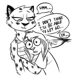  1:1 2021 anthro bodily_fluids cheetah clothed clothing dialogue duo english_text felid feline fur hug interspecies lynx mammal marc_(theblueberrycarrots) markings monochrome simple_background speech_bubble spots spotted_body spotted_fur stephie_(fraydia1) sweat sweatdrop text theblueberrycarrots white_background 