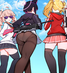  3girls adjusting_eyewear ahoge animal_ears ass assault_rifle back black_hair black_pantyhose black_skirt black_sweater black_thighhighs blonde_hair blue_archive blue_sky bren_lmg cat_ears cat_girl cellphone choumi_wuti_(xueye_fanmang_zhong) cloud cloudy_sky colored_inner_hair commentary_request dat_ass_(meme) fn_scar from_behind from_below gun hair_between_eyes hair_ornament hair_ribbon halo highres hood hooded_sweater kazusa_(blue_archive) light_machine_gun long_hair long_sleeves looking_at_viewer looking_back meme multicolored_hair multiple_girls natsu_(blue_archive) outdoors panties panties_under_pantyhose pantyhose parted_lips phone pink_hair pink_halo pink_skirt pleated_skirt purple-tinted_eyewear red_sweater ribbon rifle school_uniform serafuku short_hair side_ponytail sidelocks skirt sky smartphone sunglasses sweater thighhighs tinted_eyewear triangle_mouth twintails two-tone_hair underwear walking weapon weapon_on_back white_skirt yoshimi_(blue_archive) zettai_ryouiki 