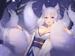  animal_ear_fluff animal_ears bare_shoulders blue_eyes blurry blurry_background breasts breath cleavage depth_of_field female fox_ears fox_tail hair_between_eyes highres japanese_clothes kimono kon_(k0n16) large_breasts light_purple_hair long_hair multiple_tails non-web_source obi off_shoulder original outdoors photoshop_(medium) sash sidelocks snowing solo tail 