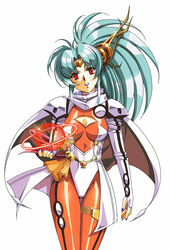  angelina_(langrisser) aqua_hair ass_visible_through_thighs blue_lips bodysuit breasts cape circlet cleavage cleavage_cutout clothing_cutout commentary_request commission dark_persona female head_tilt highleg highleg_leotard hikaru_(mikan0407) langrisser langrisser_iv leotard long_hair looking_at_viewer magic medium_breasts nail_polish orange_bodysuit parted_lips pixiv_commission purple_nails red_eyes simple_background skin_tight solo standing thigh_gap urushihara_satoshi_(style) very_long_hair white_background white_cape white_leotard 