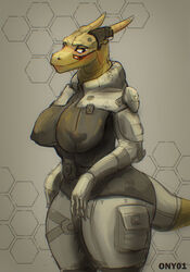  absurd_res anthro ass big_breasts big_butt breasts clothed clothing cybernetics cyberpunk dragon female hi_res horn huge_breasts jumpsuit latex latex_clothing latex_skinsuit looking_at_viewer machine mythological_creature mythological_scalie mythology nipples ony01 rubber_clothing scalie science_fiction simple_background skinsuit smile solo tail tight_clothing visor wide_hips 