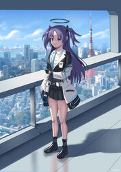  absurdres black_footwear black_gloves black_shirt black_skirt blue_archive blue_bow blue_bowtie blue_eyes blue_sky bow bowtie city cityscape cloud cloudy_sky female full_body gloves highres jacket long_hair long_sleeves looking_at_viewer open_mouth polo_shirt purple_hair scenery school_uniform shadow shift_(shiftillust) shirt skirt sky solo standing two_side_up white_jacket yuuka_(blue_archive) 