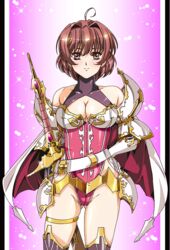  ahoge armor ass_visible_through_thighs betty_(langrisser) black_border blush border breasts brown_hair cape cleavage closed_mouth cowboy_shot female gloves hair_intakes hand_on_own_hip highleg highleg_leotard hikaru_(mikan0407) langrisser large_breasts leotard looking_at_viewer pillarboxed pink_leotard short_hair shoulder_armor smile solo standing sword urushihara_satoshi_(style) weapon white_border white_cape white_gloves yellow_eyes 