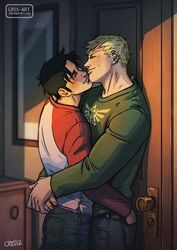  2boys against_door alternate_costume artist_name black_hair black_pants blonde_hair blush closed_eyes closed_mouth couple cris_art deviantart_username earrings facial_hair green_shirt hand_in_pocket head_tilt hug hulkling jewelry long_sideburns male_focus marvel multiple_boys muscular muscular_male pants red_shirt shirt short_hair sideburns sideburns_stubble smile stubble thick_eyebrows two-tone_shirt white_shirt wiccan yaoi 