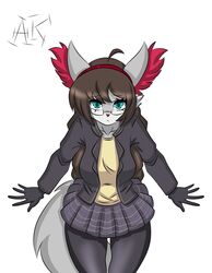  2021 accessory ahoge aidan_kresnik anthro braixen brown_hair canid canine clothing eyewear female fluffy fluffy_tail fox fur generation_6_pokemon glasses green_eyes grey_body grey_fur hair hair_accessory hairband hi_res inner_ear_fluff looking_at_viewer mammal nintendo pokemon pokemon_(species) solo tail tuft 