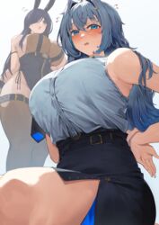  animal_ears bare_shoulders black_skirt blue_background blue_eyes blue_hair blue_shirt blush breasts commentary commentary_request female fishnet_thighhighs fishnets hair_ornament hair_over_one_eye highres huge_breasts long_hair looking_at_viewer multiple_views neshia_(tsaqif0309) one_eye_covered original parted_lips rabbit_ears shirt shirt_tucked_in skirt tented_shirt thighhighs thighs 