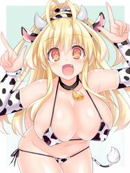  animal_ears animal_print bare_shoulders bell blonde_hair blush breasts cleavage collar cow_ears cow_horns cow_print cowbell elbow_gloves female gloves happy highres horns kami_jigen_game_neptune_v kazuneko_(wktk1024) large_breasts leotard long_hair neptune_(series) oerba_yun_fang open_mouth orange_eyes power_symbol power_symbol-shaped_pupils skindentation solo symbol-shaped_pupils yellow_heart_(neptunia) 