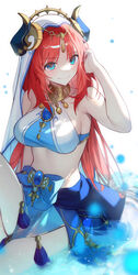  absurdres bare_shoulders blue_eyes blue_skirt blush breasts crop_top fake_horns female genshin_impact hair_ornament harem_outfit highres horns jewelry knee_up large_breasts long_hair looking_at_viewer low_twintails neck_ring nilou_(genshin_impact) red_hair sash shotgunman sidelocks sitting skirt smile solo thighs twintails veil water 