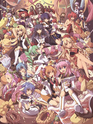  6+boys 6+girls animal_ears anise_azeat anniversary apricot_sakuraba blonde_hair blue_eyes blue_hair blush boots bottle breasts brown_eyes brown_hair cake cat_ears chibi china_dress chinese_clothes cleavage_cutout clothing_cutout cover cover_page cream_puff cup detached_sleeves doughnut doujin_cover dress drill_hair eating everyone flower food food_on_face fork forte_stollen fruit galaxy_angel galaxy_angel_rune glasses green_hair hair_ornament hat highres ice_cream izayoi_natsume juliet_sleeves kahlua_marjoram karasuma_chitose knee_boots kokomo_perot large_breasts lily_c._sherbet long_hair long_sleeves major_mary malibu_perot milfeulle_sakuraba mint_blancmanche multiple_boys multiple_girls nano-nano_pudding normad orange_hair orange_skirt pencil_skirt pie pink_hair puffy_sleeves purple_hair ranpha_franboise red_hair ribbon shiranami_kazuya shiroyagi_yuu short_hair short_twintails skirt smile source_request strawberry takuto_meyers tanaka_(galaxy_angel) teacup tiara tsukiyama_(pureplus) twintails uniform vanilla_h volcott_o&#039;huey yutaka_hana_(pureplus) 