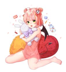  :3 absurdres ahoge blush candy commentary demon_tail demon_wings double_bun dress female food hair_bun hair_ornament hair_ribbon heart heart-shaped_pillow highres oerba_yun_fang original panda_hair_ornament paw_print pillow pink_dress pink_hair ribbon short_hair sitting smile solo stuffed_animal stuffed_rabbit stuffed_toy symbol-only_commentary taemin tail wings yellow_eyes 