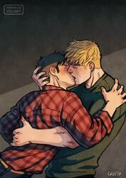  2boys artist_name belt black_hair blonde_hair blush closed_eyes couple cris_art earrings facial_hair green_shirt hand_on_another&#039;s_back hand_on_another&#039;s_head hand_on_another&#039;s_shoulder hulkling jewelry kissing long_sideburns male_focus marvel multiple_boys pants patreon_username plaid plaid_shirt red_shirt shirt short_hair sideburns sideburns_stubble simple_background stubble toned toned_male wiccan yaoi 