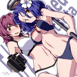  2girls 547th_sy bikini blush breasts brown_eyes dated flower hair_flower hair_ornament halo hibiscus highres kantai_collection kinu_(kancolle) large_breasts mechanical_halo multiple_girls navel neck_ribbon official_alternate_costume open_mouth pink_hair purple_bikini purple_hair red_ribbon ribbon sideboob signature simple_background smile sweat swimsuit tatsuta_(kancolle) tatsuta_(swimsuit_mode)_(kancolle) text_background wavy_mouth white_background white_bikini white_flower 