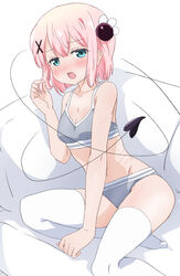  blush breasts chiyoda_momo cleavage commentary demon_tail female green_eyes grey_panties grey_sports_bra hair_between_eyes hair_ornament hand_up implied_yuri kneeling long_tail looking_at_viewer machikado_mazoku mukaibi_aoi open_mouth panties pink_hair scar scar_on_arm scar_on_back short_hair small_breasts solo_focus sports_bra tail tail_wrap thighhighs underwear underwear_only white_legwear x_hair_ornament yoshida_yuuko_(machikado_mazoku) 