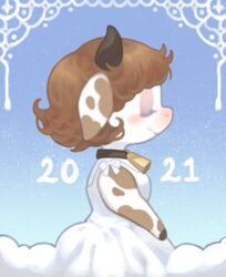  2021 anthro blush bovid bovine brown_hair brown_markings cattle chinese_zodiac closed_eyes clothing cowbell digital_media_(artwork) dress female fur hair half-length_portrait hi_res holidays holstein_friesian_cattle horn mammal markings new_year portrait roboto_(artist) short_hair side_view solo white_body white_clothing white_dress white_fur year_of_the_ox 