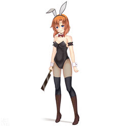  absurdres animal_ears ass_visible_through_thighs black_legwear black_leotard blue_eyes boots bow bowtie breasts brown_footwear cleavage commentary_request cross-laced_footwear detached_collar empty_eyes evil_smile female fishnet_pantyhose fishnets full_body highres higurashi_no_naku_koro_ni lace-up_boots leotard looking_at_viewer medium_breasts orange_hair pantyhose playboy_bunny rabbit_ears rabbit_tail red_bow red_bowtie ryuuguu_rena sainohikari short_hair simple_background smile solo standing strapless strapless_leotard tail thighhighs white_background wrist_cuffs yandere 