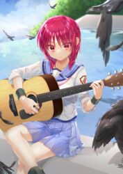  absurdres angel_beats! animal bird blue_sailor_collar blue_skirt blue_sky closed_mouth cloud commentary_request commission crow day feathers female flying guitar highres holding holding_instrument instrument iwasawa_masami lips long_hair miniskirt music outdoors plant playing_instrument pleated_skirt red_eyes red_hair sailor_collar school_uniform shinda_sekai_sensen_uniform shirt sitting skeb_commission skirt sky sleeves_rolled_up uniform water white_shirt zuzuhashi 