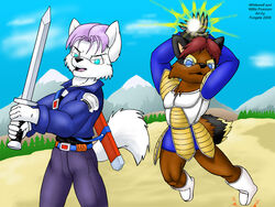  2009 4:3 anthro armor black_nose blue_eyes brown_body brown_fur canid canine canis clothed clothing dragon_ball dragon_ball_z duo fox fur furgeta glowing gohan hair hybrid male mammal melee_weapon mountain open_mouth outside pink_hair procyonid raccoon red_hair sword sword_sheath trunks_(dragon_ball) weapon white_body white_fur whitewolf wolf 