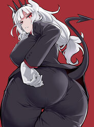  ass ass_focus black_hairband blunt_bangs breasts cle_masahiro commentary cowboy_shot demon_girl demon_horns demon_tail female formal from_behind gloves hairband helltaker highres horns large_breasts long_hair looking_at_viewer looking_back low-tied_long_hair lucifer_(helltaker) mole mole_under_eye pant_suit pants pantylines parted_lips red_background red_eyes simple_background solo spiked_hairband spikes suit tail tail_raised thigh_gap tsurime white_gloves white_hair 