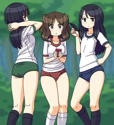  3girls :&lt; black_eyes black_hair black_legwear blue_buruma blurry blurry_background breasts brown_eyes brown_hair buruma cellphone closed_mouth collarbone commentary flat_chest green_buruma gym_shirt gym_uniform half-closed_eyes hand_on_own_hip holding holding_phone interlocked_fingers kneehighs kneepits long_hair looking_at_viewer maruput medium_breasts medium_hair multiple_girls original outdoors phone red_buruma shirt short_sleeves smartphone socks tree two_side_up white_legwear white_shirt 