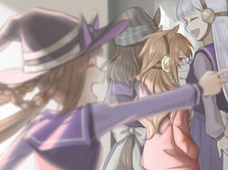  4girls animal_ears beanie blunt_bangs blurry blurry_foreground braid brown_hair commentary depth_of_field ears_through_headwear gold_ship_(umamusume) grey_hair hat headgear horse_ears horse_girl horse_tail long_hair long_sleeves mask mouth_mask multiple_girls nakayama_festa_(umamusume) orfevre_(umamusume)_(old_design) pleated_skirt purple_eyes purple_shirt purple_skirt sailor_collar sailor_shirt school_uniform shirt shuanghu-miku skirt sweep_tosho_(umamusume) symbol-only_commentary tail tracen_school_uniform umamusume v winter_uniform witch_hat 